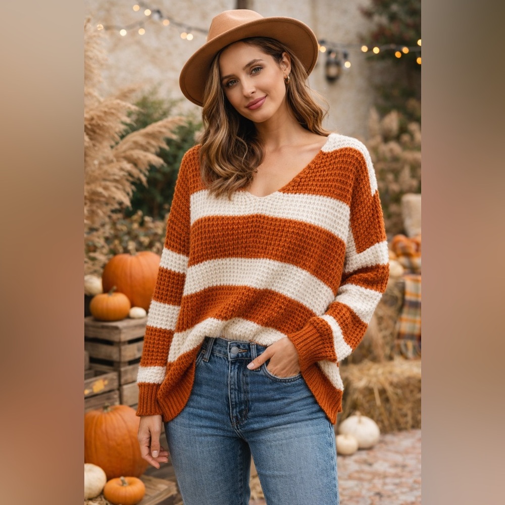 NIP Pink Lily Orange Cream Striped Sweater Size XL V Neck Oversized Cozy Knit